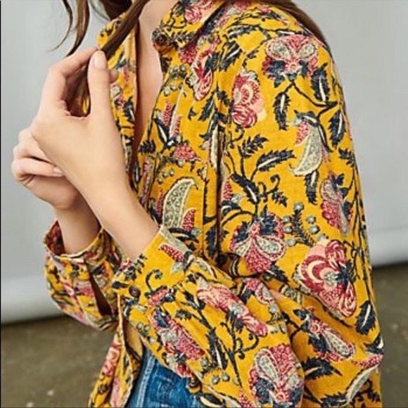 Pilcro Anthropologie Mustard Yellow Floral Paisley Corduroy Button Down Shirt M - Picture 2 of 11